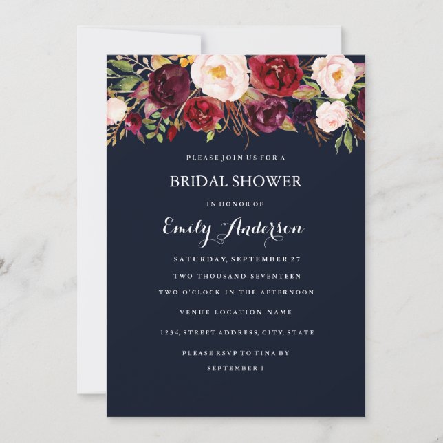 Burgundy Navy Blommigt Fall Möhippa Card Inbjudningar (Framsida)
