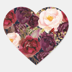 Burgundy Navy Blommigt Fall Wedasmeds hjärtsäl Hjärtformat Klistermärke