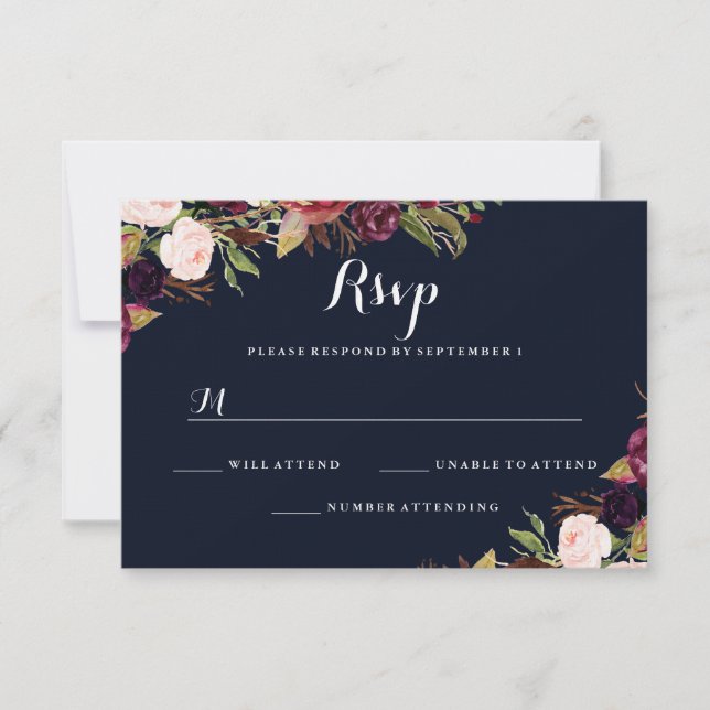 Burgundy Navy Blommigt Fall WedOSA OSA Kort (Framsida)