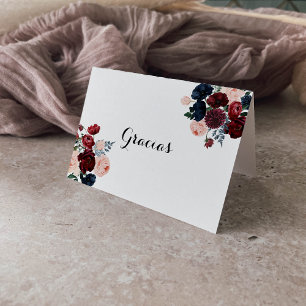 Burgundy Navy Blommigt Foldad Bröllop Gracias Card Tack Kort