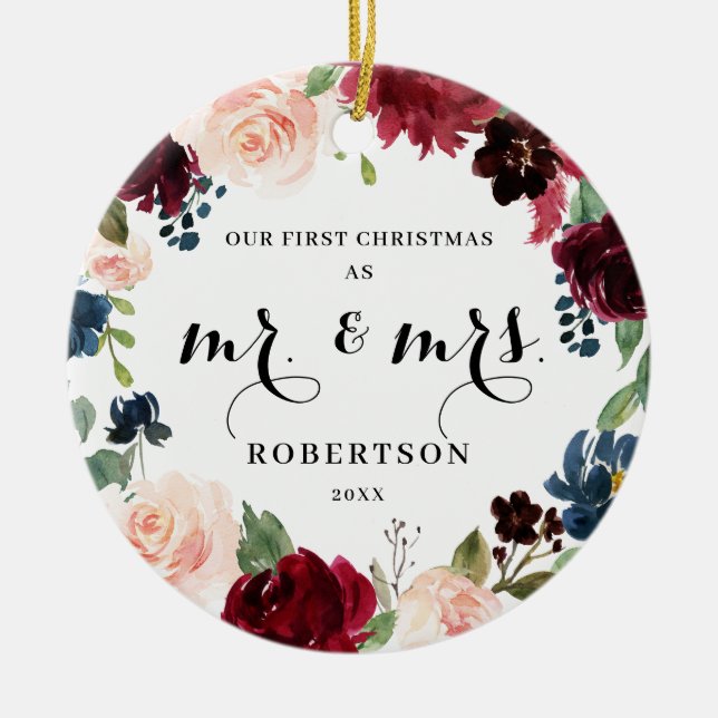 Burgundy  Navy Blommigt Första jul Julgransprydnad Keramik (Framsidan)