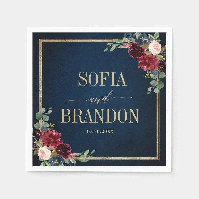 Burgundy Navy  Blommigt Geometric Bröllop Napki Pappersservett (Framsidan)