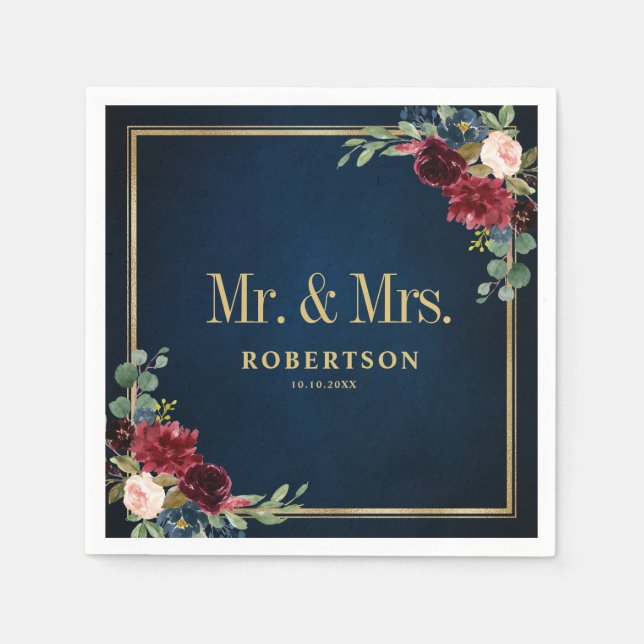 Burgundy Navy  Blommigt Geometric Bröllop Napki Pappersservett (Framsidan)