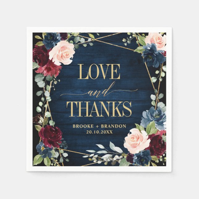 Burgundy Navy  Blommigt Geometric Bröllop Pappersservett (Framsidan)