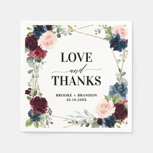 Burgundy Navy  Blommigt Geometric Bröllop Pappersservett (Framsidan)