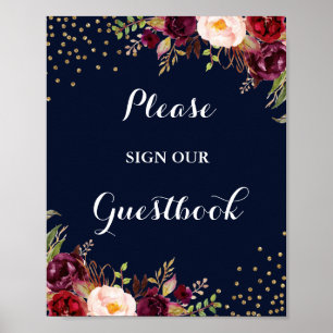 Burgundy Navy Blommigt Guestbook Bröllop-tecken Poster