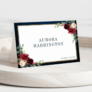 Burgundy Navy Blommigt Guld Bröllop Place Card Bordsnummer