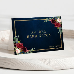 Burgundy Navy  Blommigt Guld Bröllop Place Card Bordsnummer