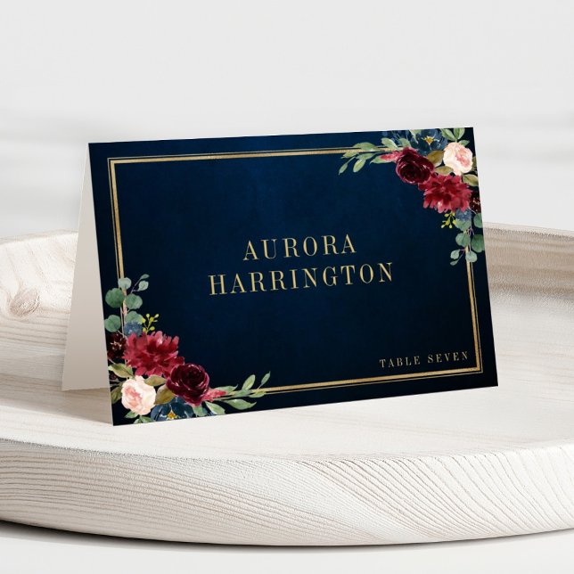Burgundy Navy  Blommigt Guld Bröllop Place Card Bordsnummer (Skapare uppladdad)