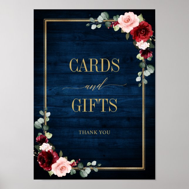 Burgundy Navy  Blommigt Guld Cards and Gates Po Poster (Framsidan)