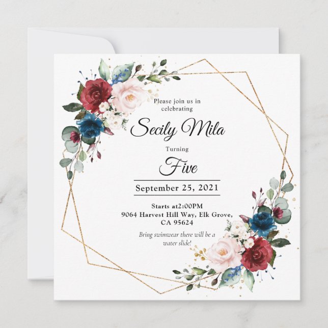 Burgundy Navy  Blommigt Guld Geometric Birthday Inbjudningar (Framsida)