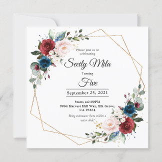 Burgundy Navy  Blommigt Guld Geometric Birthday Inbjudningar