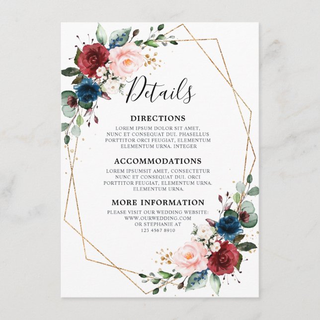 Burgundy Navy  Blommigt Guld Geometric Bröllop Tilläggskort (Framsida)