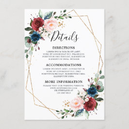 Burgundy Navy Blommigt Guld Geometric Bröllop Tilläggskort