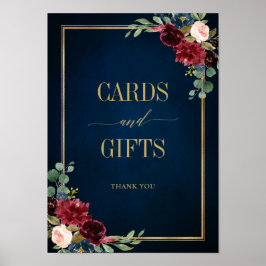 Burgundy Navy Blommigt Guld-kort och gåvor Poster