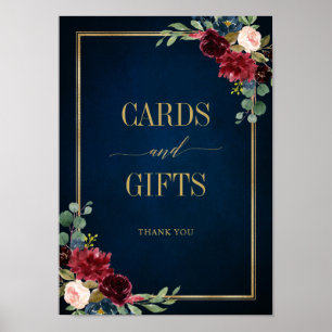 Burgundy Navy  Blommigt Guld-kort och gåvor Poster