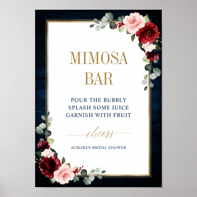 Burgundy Navy  Blommigt Guld Mimosa Pub Poster (Framsidan)