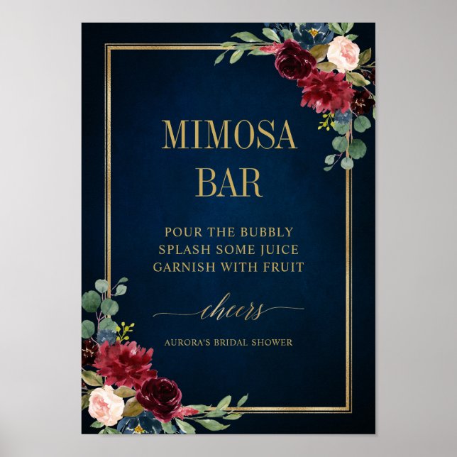 Burgundy Navy  Blommigt Guld Mimosa Pub Poster (Framsidan)