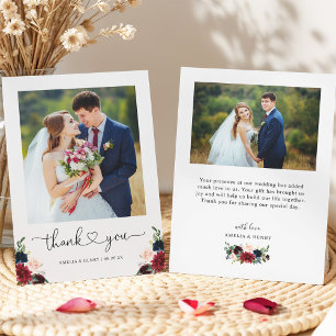 Burgundy Navy Blommigt Heart Script Bröllop Photo Tack Kort