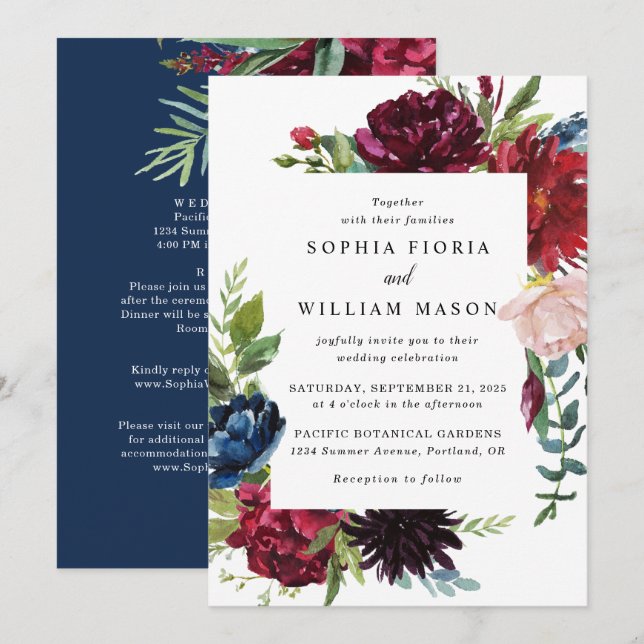 Burgundy Navy Blommigt in One Wedding Investigatio Inbjudningar (Fram/baksida)