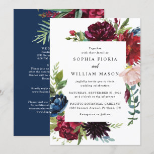 Burgundy Navy Blommigt in One Wedding Investigatio Inbjudningar