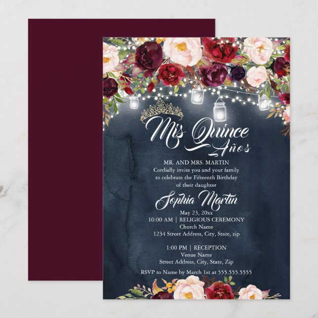 Burgundy Navy Blommigt Ljus Quinceanera Inbjudningar (Fram/baksida)