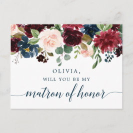 Burgundy Navy Blommigt Matron of Honor Frieri Card Vykort
