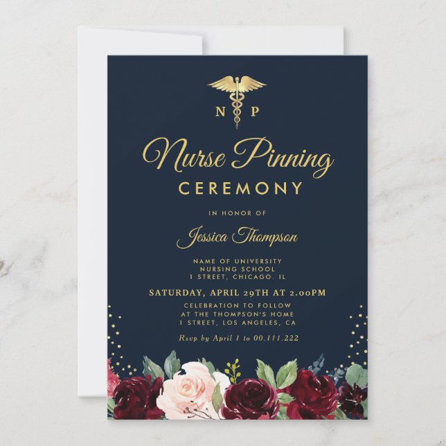 Burgundy Navy blommigt Nurse pinning ceremony Inbjudningar (Framsida)