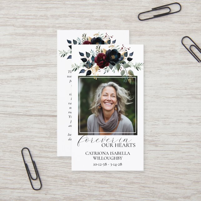 Burgundy Navy Blommigt Photo Memorial Prayer Card Visitkort (Fram/Back In Situ)