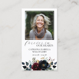 Burgundy Navy Blommigt Photo Memorial Prayer Card Visitkort