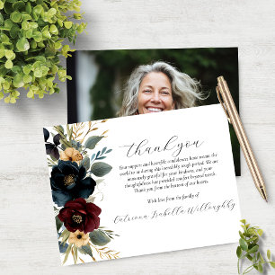 Burgundy Navy Blommigt Photo Memorial - tackkort Tack Kort