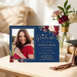 Burgundy Navy Blommigt Photo Studenten Firande Inbjudningar