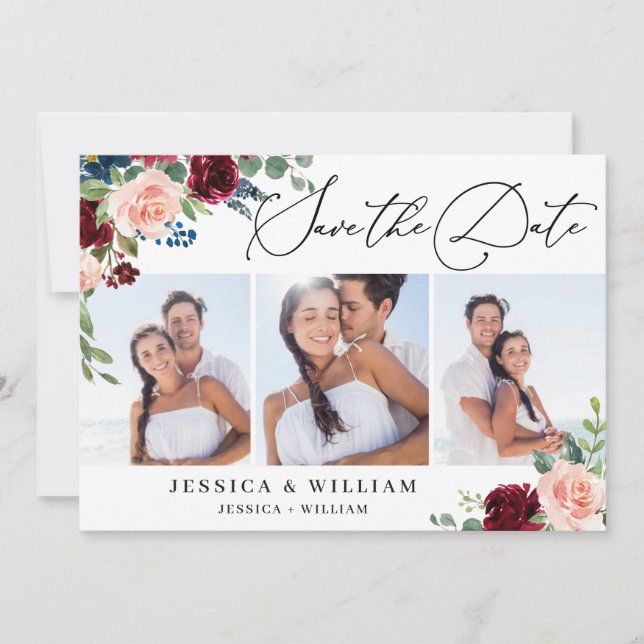 Burgundy  Navy Blommigt Ro 3 PHOTO Bröllop Spara Datumet (Framsida)