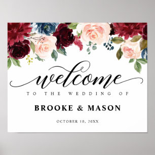 Burgundy Navy Blommigt Rustic Boho Bröllop Välkomm Poster