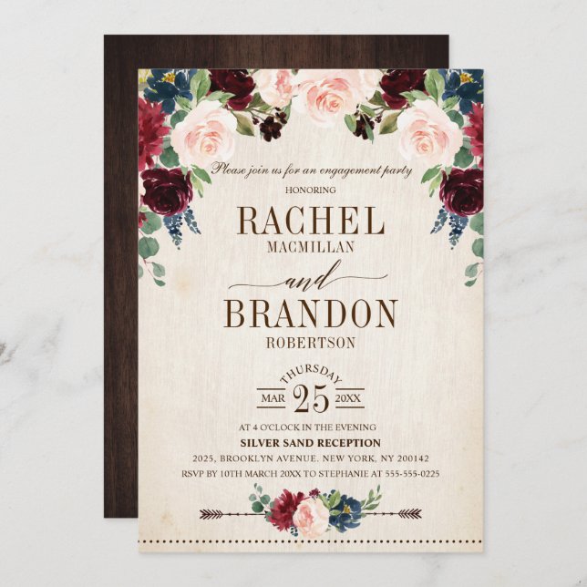 Burgundy Navy Blommigt Rustic Boho Förlovningsfest Inbjudningar (Fram/baksida)