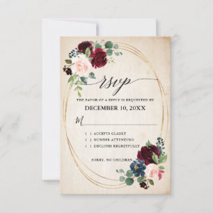 Burgundy Navy Blommigt Rustic Boho Landsbyggsbröll OSA Kort