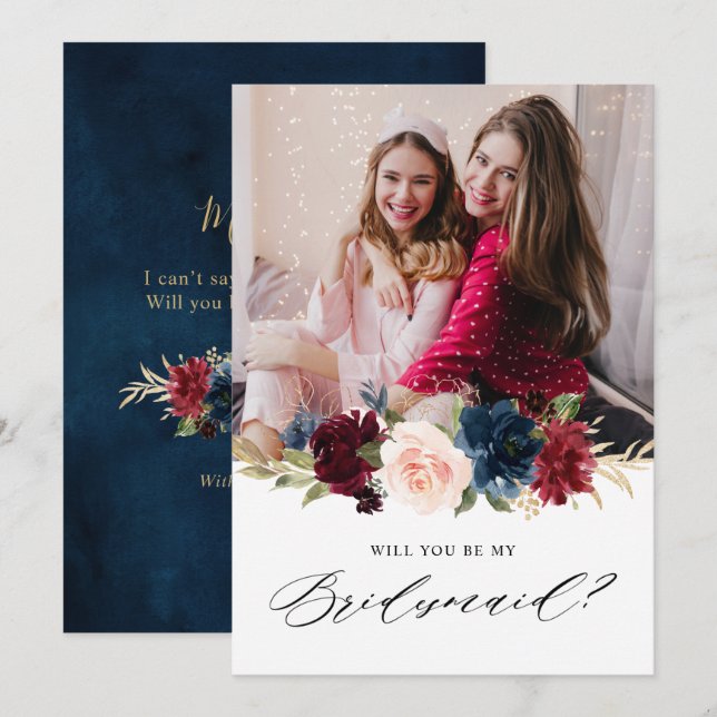 Burgundy Navy Blommigt Rustic Bridesmaid Frieri in Inbjudningar (Fram/baksida)