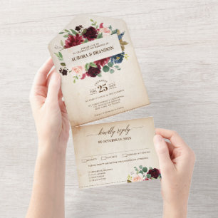 Burgundy Navy Blommigt Rustic Land Boho Bröllop