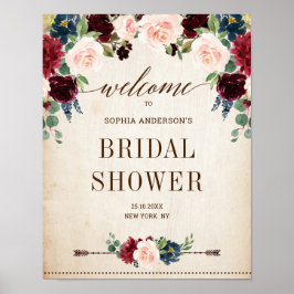 Burgundy Navy Blommigt Rustic Möhippa Välkommen Poster