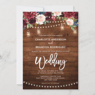 Burgundy Navy Blommigt Rustic String Light Bröllop Inbjudningar