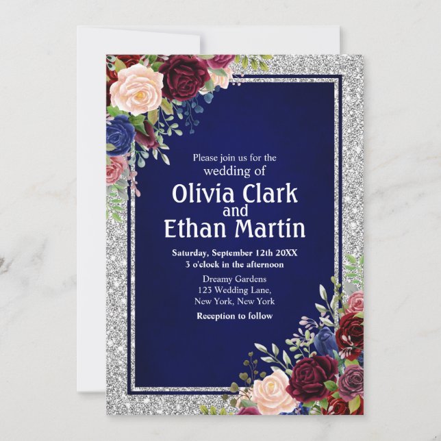 Burgundy Navy Blommigt Silver Ram Inbjudningar (Framsida)
