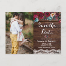 Burgundy Navy Blommigt Snöre Wood Save Date Photo