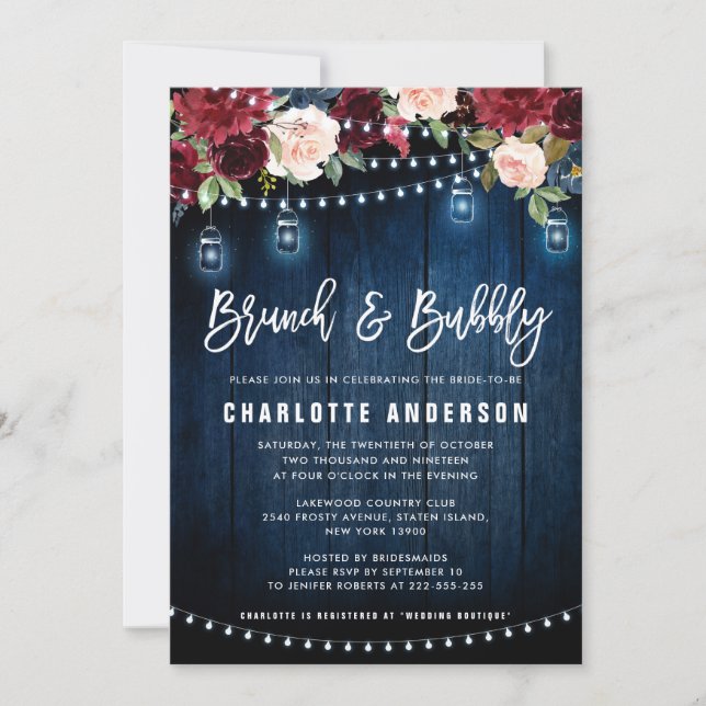 Burgundy Navy Blommigt String Light Brunch & BubLY Inbjudningar (Framsida)
