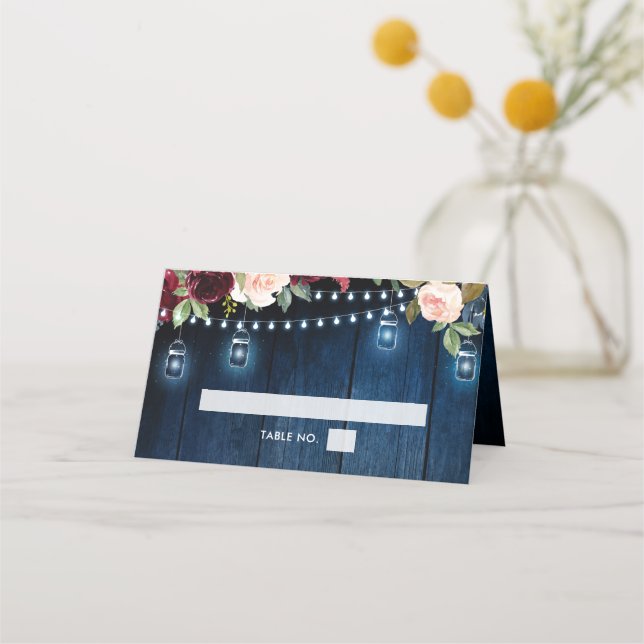 Burgundy Navy Blommigt String Light Mason burk Placeringskort (Framsida)