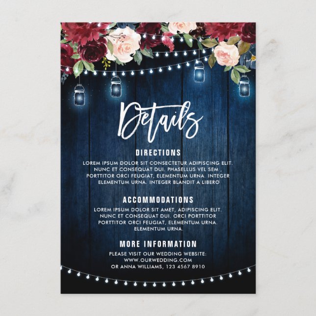 Burgundy Navy Blommigt String Light Mason burk Tilläggskort (Framsida)