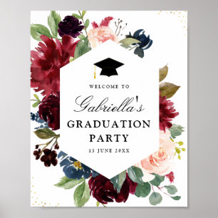 Burgundy navy & blommigt studentfest Sign Poster