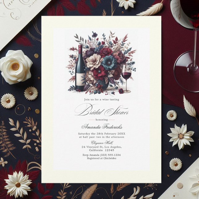 Burgundy & Navy Blommigt Vin-Thned Möhippa Inbjudningar (Burgundy & Navy Floral Wine-Themed Bridal Shower Invitation)