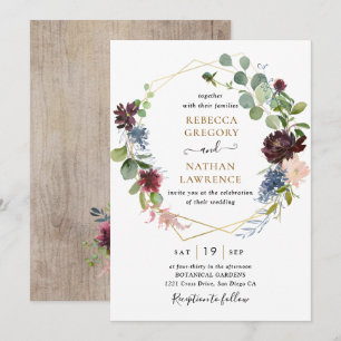 Burgundy Navy Blommigt w/ Geometric Greenery Bröll Inbjudningar