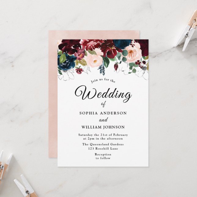 Burgundy  Navy Blommigt Watercolor Bröllop Inbjudningar (Fram/Back In Situ)