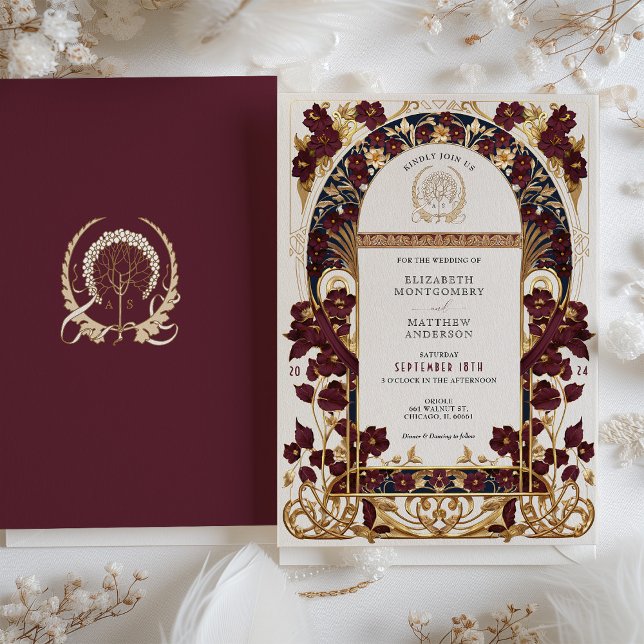 Burgundy Navy Blue & Antique Guld Blommigt Bröllop Inbjudningar (Skapare uppladdad)